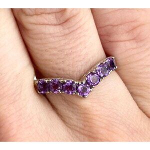 Chevron Amethyst Gemstone Stackable Vintage Silver Toned 925 Ring - sz 7